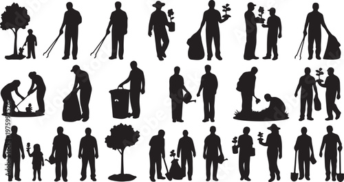 Environmental volunteer silhouettes set, people planting trees and cleaning trash vector, community gardening and ecology conservation icons
