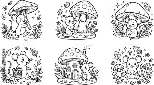 Line art close up mouse holding mushroom umbrella looking at camera among flowers leaves acorns and tiny mushrooms mushroom house detail playful composition for coloring book