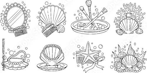 Hand drawn line art seashell cosmetics set close up mirror comb makeup brushes pearls coral tray starfish open shell arrangement studio soft lighting vintage detailed