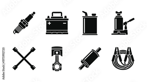 Automotive repair icons set, car maintenance parts and garage tools vector collection, black silhouette mechanic equipment for vehicle service