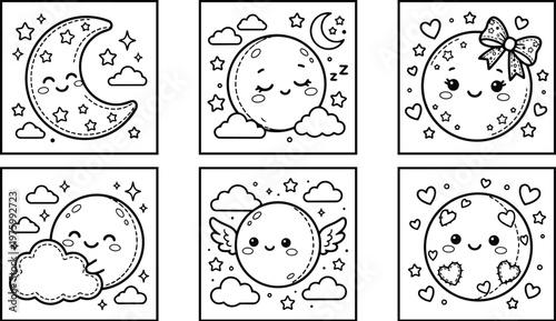 Kawaii line art close up cute smiling moon faces in six square panels with crescent and round moons hugging clouds stars hearts bow and wings outline