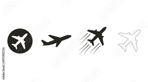 Minimalist airplane icon set, black and white aircraft silhouettes, flying plane symbols for travel and aviation design, 4 vector elements