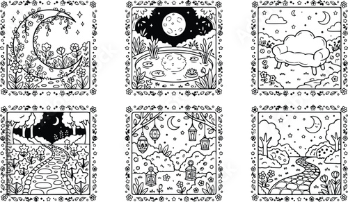 Whimsical line art six square night garden vignettes showing moonlit pond lanterns winding stone path floral border cozy sofa and flowering crescent arch closeup low angle