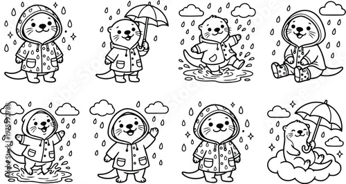 Whimsical coloring book style otters wearing raincoats splashing in puddles holding umbrella waving to camera sitting on cloud playful simple bold outlines cute