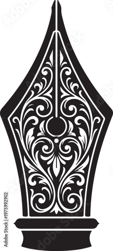 Ornate pen nib with scrollwork design calligraphy scrollwork illustration education traditional elegance decoration isolated silhouette creative inspiration