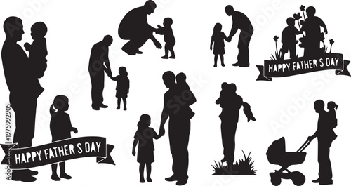 Happy Father's Day silhouette collection, black father and child vector set, dad with son and daughter icons, parenting and family love graphics