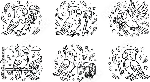Whimsical line art parrot holding ornate key and star wand looking at viewer six magic bird illustrations with feathers stars and treasure chest in playful mood