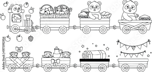 Cute line art train with three panda passengers holding fruit baskets and tea set picnic blanket and bunting horizontal coloring page black outline playful children illustration