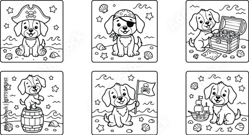 Line art close up smiling puppy pirate wearing eyepatch and bandana sitting on sandy beach with treasure chest barrel and toy ship in playful lighting