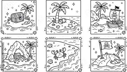 Line art pirate island scenes close up treasure chest palm tree crab boat cave multiple panels for coloring book childrens activity in monochrome playful outline composition