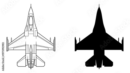 Military fighter jet vector illustration, modern supersonic aircraft silhouette and line art, combat airplane top view icons for aviation design