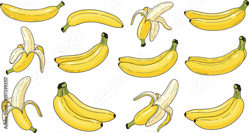 Seamless banana pattern with whole and peeled fruits flat vector tropical food background for textile wallpaper wrapping paper design