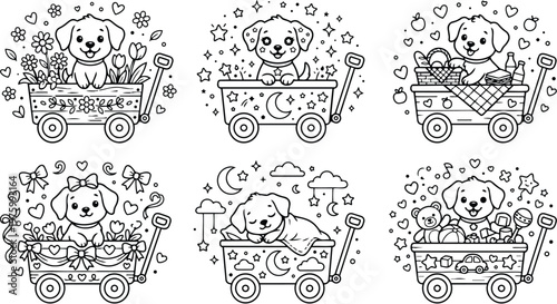Cute line art puppy in decorative wagon set six variations flowers stars picnic bows sleeping toys black and white coloring page smiling basket blanket close up