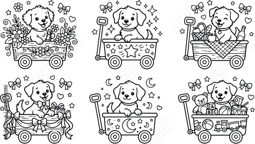 Cute puppy in wooden wagon surrounded by flowers toys and picnic items looking at camera close up overhead view playful line art for children coloring