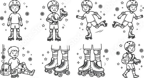 Playful line art boy on roller skates wearing helmet knee pads and backpack skating from side view jumping and smiling in minimalist doodle style illustration scene