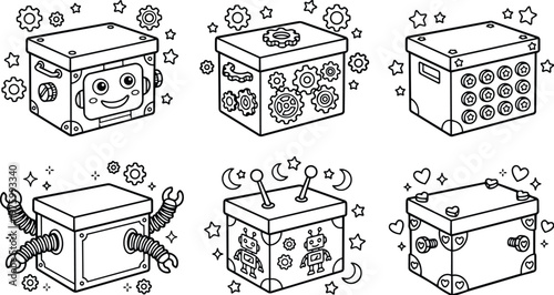 Playful line art robot surprise box set with smiling face gears and hearts stars moon icons close up angled view child toy illustration in black outline