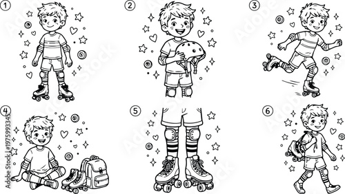 Black and white line art multiple poses boy on roller skates holding helmet wearing knee pads backpack looking at camera sitting running happy playful activity illustration
