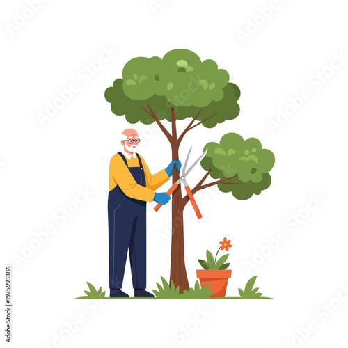 Gardener pruning tree in colorful flat illustration with bright lighting for landscaping