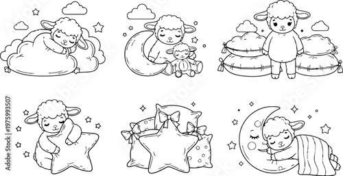 Hand drawn cute lamb sleeping and hugging star and moon close up set of six black and white line art nursery illustrations with soft dreamy mood