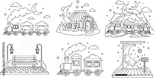 Whimsical line art panoramic illustration showing steam train with heart window carriages puffing smoke under crescent moon above a small domed house near station bench night