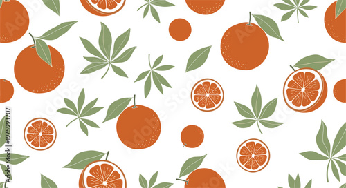 Seamless orange fruit pattern with leaves and slices botanical citrus background for textile wallpaper wrapping paper and surface design