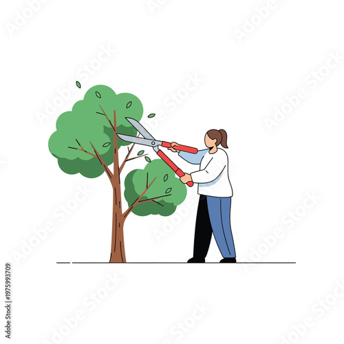 Man pruning tree with oversized scissors in flat illustration style with green and brown colors for gardening or landscaping use