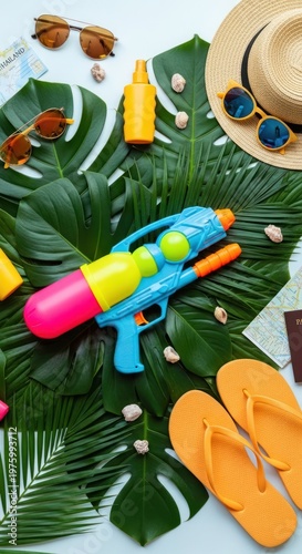Summer Vacation Fun: Water Gun, Sunglasses, Hat, Flip Flops, Tropical Leaves