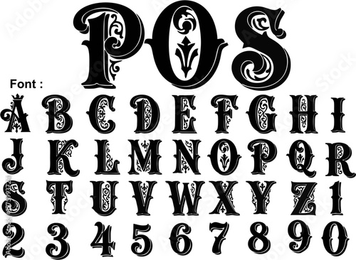 Decorative vintage serif alphabet featuring ornate Victorian-style typography with intricate flourishes. Includes uppercase letters A–Z and numbers 0–9 in bold black design, ideal for logos, posters, 