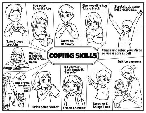 Coping skills and calming strategies for kids worksheet. Educational coloring page with children characters showing stress management techniques