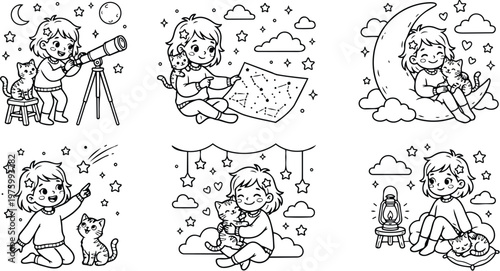 Whimsical line art girl with cat using telescope pointing at stars reading a star map sitting on a crescent moon cuddling a small kitten under lantern