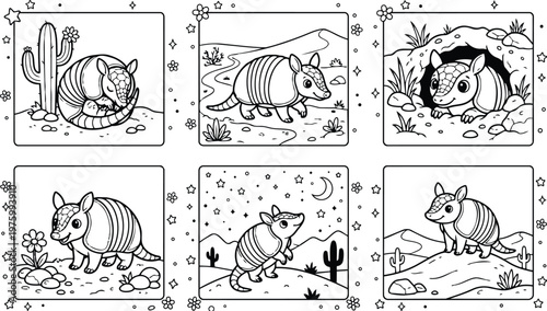 Whimsical black and white line art armadillo coloring page six panels showing curled sleeping peeking walking emerging from burrow desert plants cactus starry night smiling closeup
