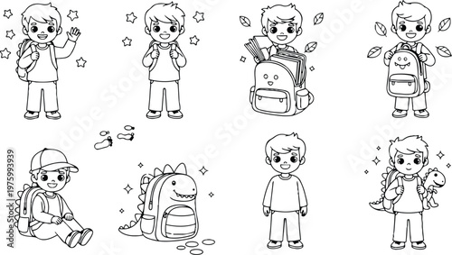Line art children character set showing boy with backpacks in multiple poses waving sitting holding dinosaur toy school supplies smiling looking at camera playful educational illustration