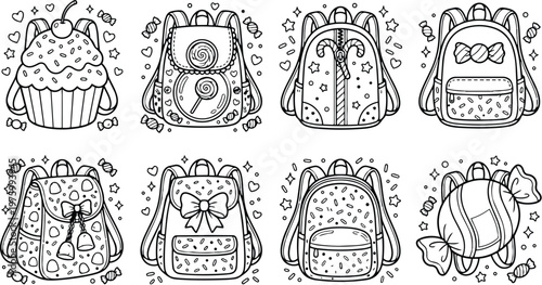 Line art close up set of eight candy themed backpacks and cupcake icons arranged in grid for kids coloring page printable black and white cheerful illustration