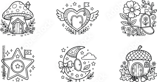 Line art close up six square coloring page illustrations featuring mushroom house heart with wings flower mailbox star and crescent moon acorn cottage playful whimsical outline