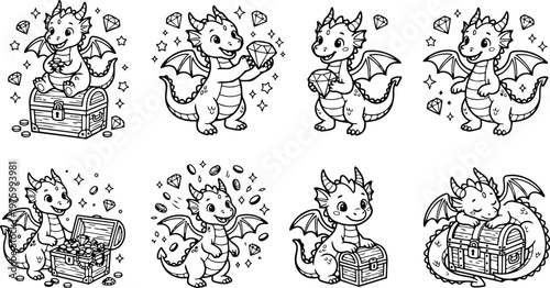 Cute hand drawn baby dragon holding a diamond while sitting on a treasure chest front view smiling expression line art coloring page set for children collection