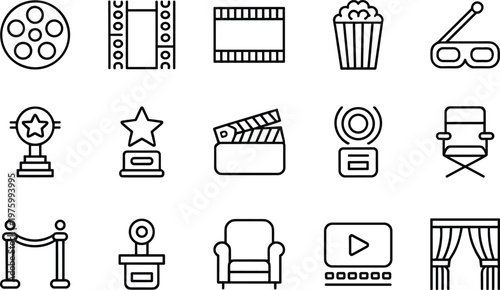 Cinema entertainment line icons set, movie theater symbols, film production elements, video media collection, modern vector illustration pack design