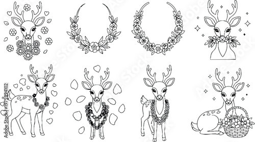 Hand drawn line art deer with floral wreath and antlers looking at camera bouquet basket close up coloring page style simple black white cute frontal outline