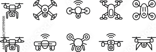 Drone line icons set, quadcopter UAV collection, aerial technology symbols, remote control flying devices, modern aviation vector illustration pack