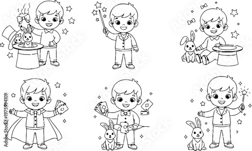 Whimsical line art close up boy magician pulling rabbit from top hat while holding wand showing cards smiling in playful scene children coloring activity book collection