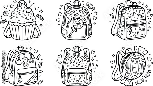 Cute black and white coloring page set of six candy themed backpacks and cupcake bag close up flat layout top view for kids craft adorable