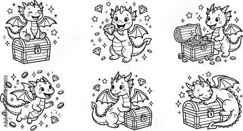 Cute cartoon dragon line art coloring page multiple poses with treasure chest coins gems playful expressions close up illustrations for kids black and white whimsical scene
