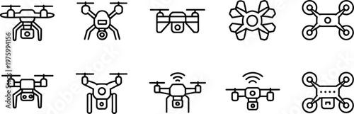 Drone outline icons collection, quadcopter UAV symbols, aerial robotics set, remote control flying devices, modern technology vector illustration bundle