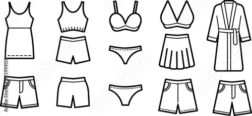 Fashion clothing line icons set, women apparel symbols, lingerie dress shorts collection, wardrobe essentials, modern outfit vector illustration pack