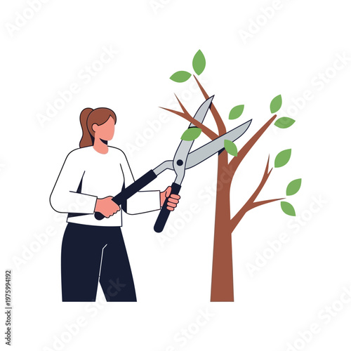 Woman pruning tree with large shears in flat illustration style with green and brown colors for gardening or landscaping use