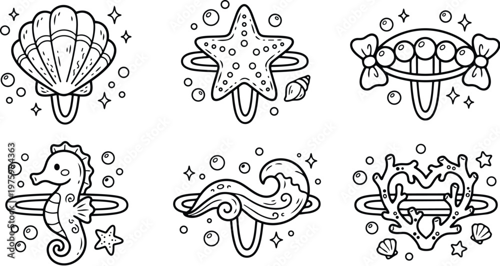 Obraz premium Line art close up six ocean themed hair clips shell starfish bow seahorse wave coral decorative rings black outline vector illustration clean flat minimalist set