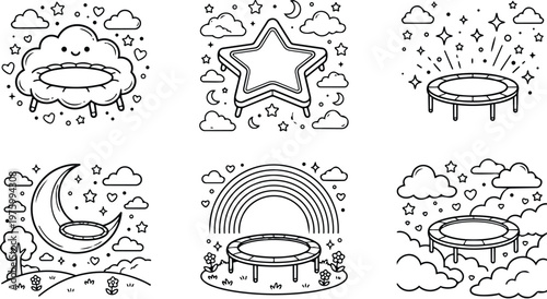 Whimsical line art close up trampoline with smiling cloud looking at camera star and moon decorations rainbow scene low angle nursery