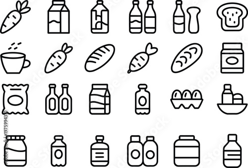 Grocery food line icons set, supermarket products symbols, fresh vegetables dairy bakery items, kitchen essentials collection, vector illustration pack