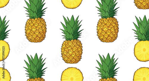 Seamless pineapple fruit pattern with whole and sliced pieces tropical summer food background for textile wallpaper wrapping paper design