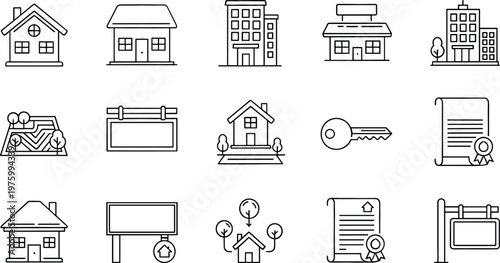 Set of Real Estate and Property Icons Including Houses, Buildings, Keys, and Signage for Business and Marketing Projects