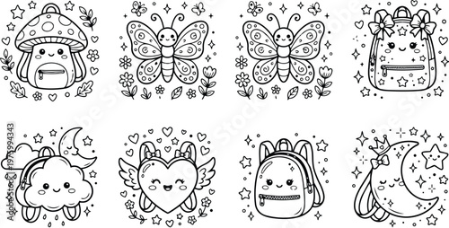 Cute kawaii coloring page set close up smiling mushroom backpack butterfly pair smiling butterfly floral frame star decorated backpack cloud with moon and heart with wings